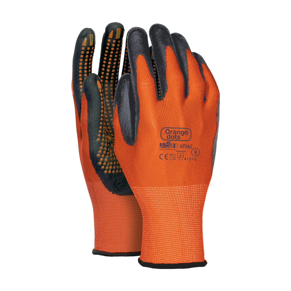 Gants de manutention Polyester/Elasthanne "ISSA ORANGE DOTS" enduits Nitrile (4.1.2.1.X)